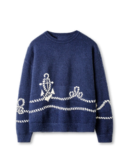 大航海時代 ダブルロープ クルーネック ネイビー ニット 船锚 ジャカード 北極フリース素材 クラシックマリンスタイル