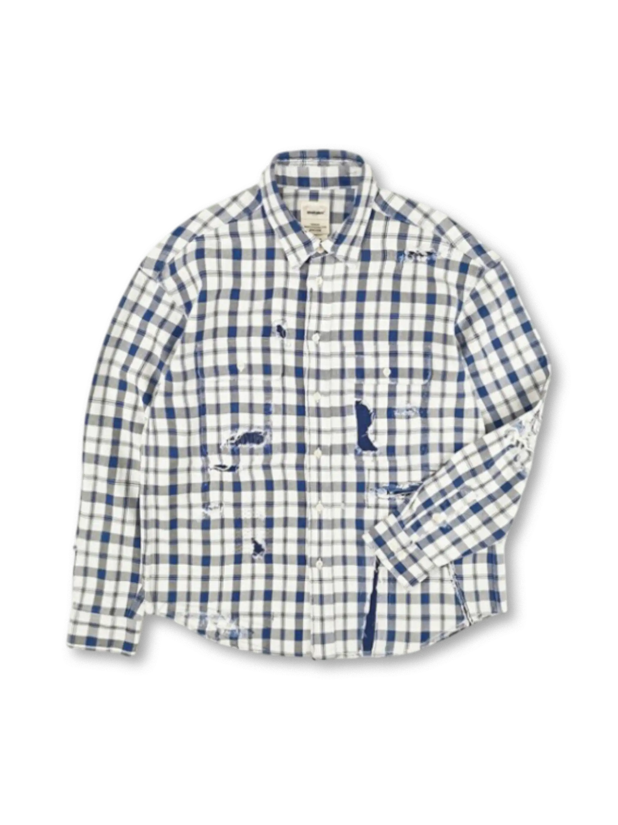 メンズ インディゴチェックシャツ ヴィンテージダメージ 補修風パッチ 長袖 水洗加工