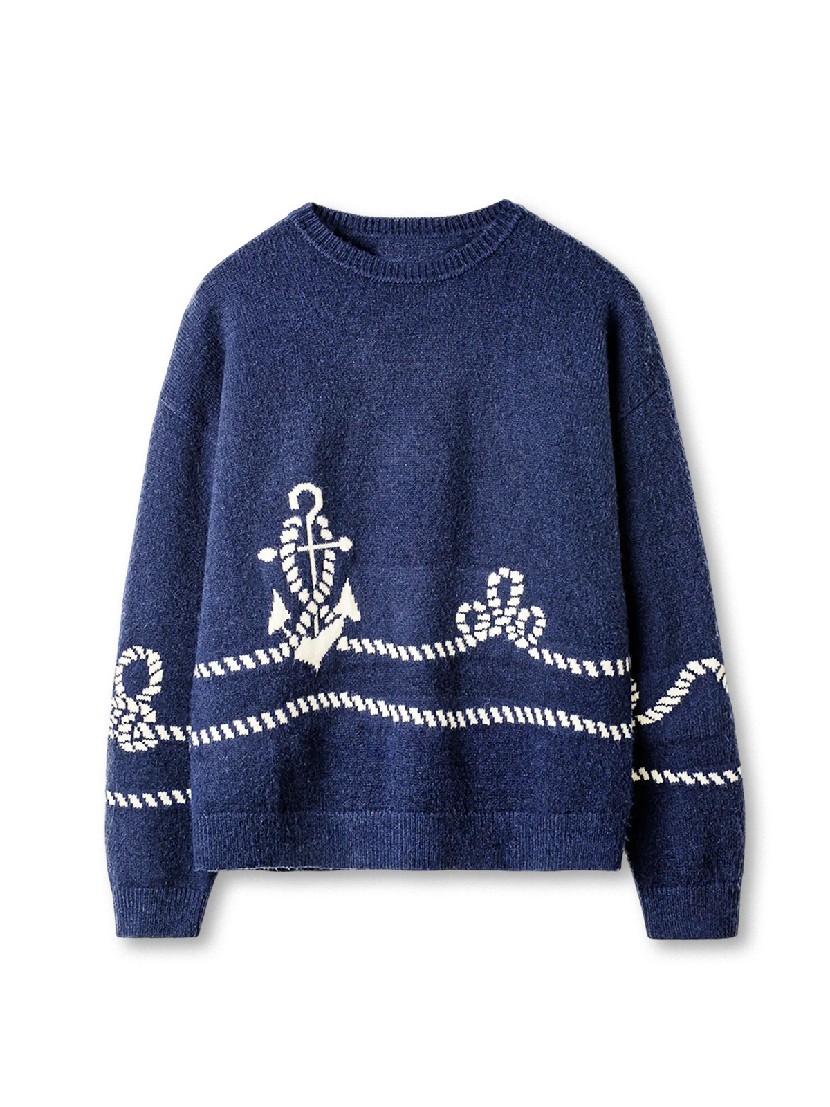 大航海時代 ダブルロープ クルーネック ネイビー ニット 船锚 ジャカード 北極フリース素材 クラシックマリンスタイル