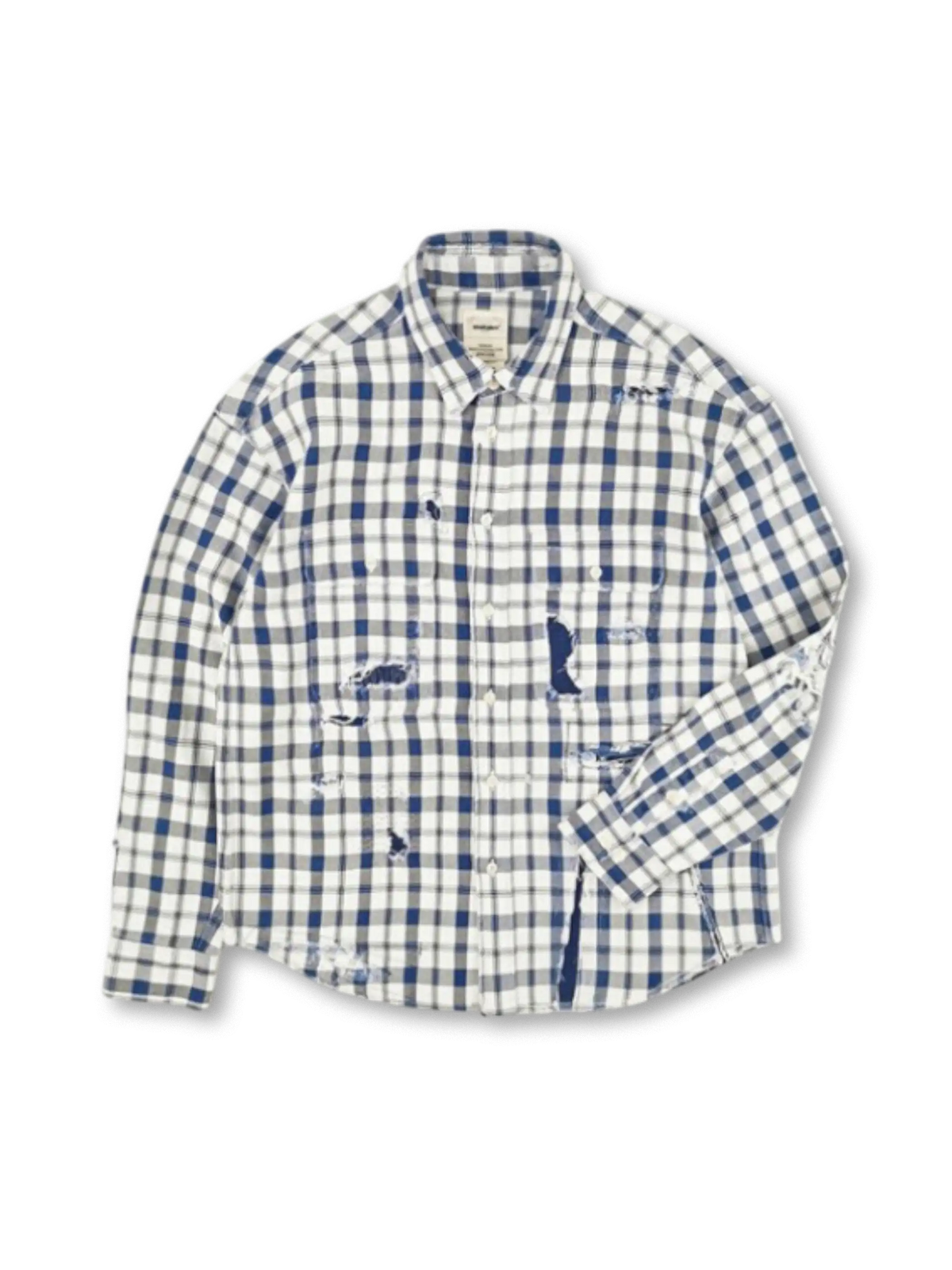 メンズ インディゴチェックシャツ ヴィンテージダメージ 補修風パッチ 長袖 水洗加工