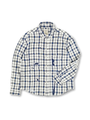 メンズ インディゴチェックシャツ ヴィンテージダメージ 補修風パッチ 長袖 水洗加工