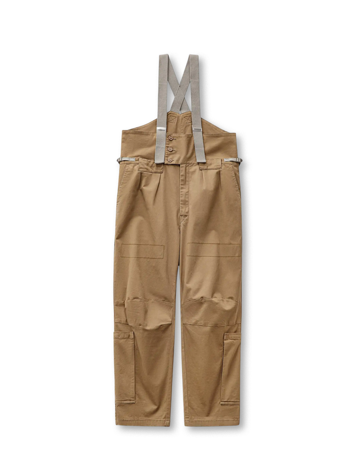 メンズ ヴィンテージ カーキ サスペンダーパンツ フライトタイプ 多ポケット 厚手カバーツイル