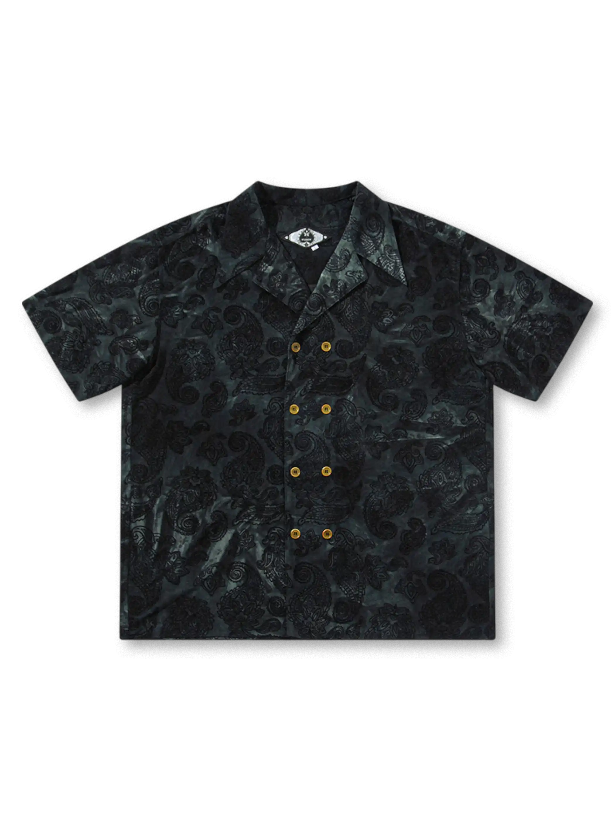 メンズ ヴィンテージ ジャカード 古巴襟シャツ 五分袖 ダークプリント ルーズフィット